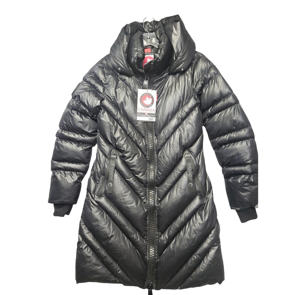 Canada Weathergear Womens Black Chevron Quilted Long Puffer Coat Parka Small NEW